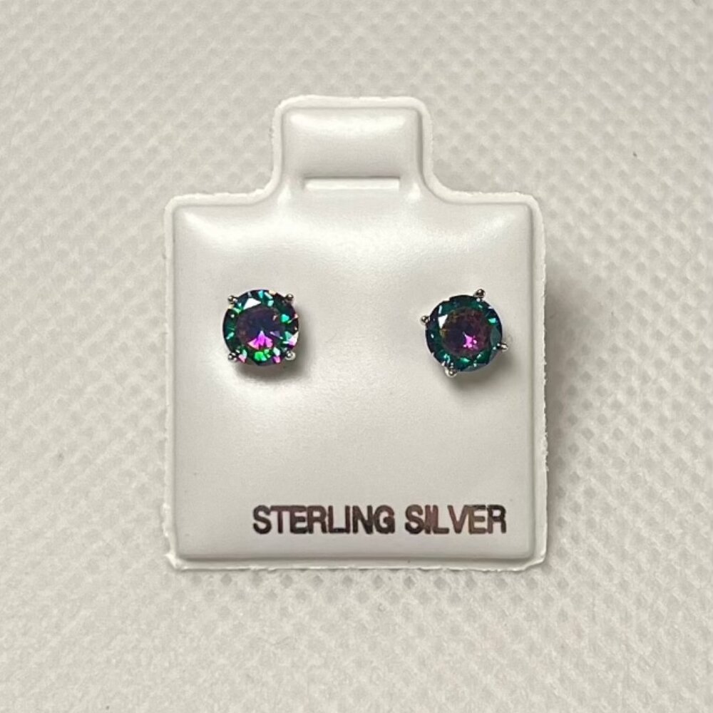 925 Sterling Silver Mermaid Dark Tornasol Circular Stone Stud Earrings